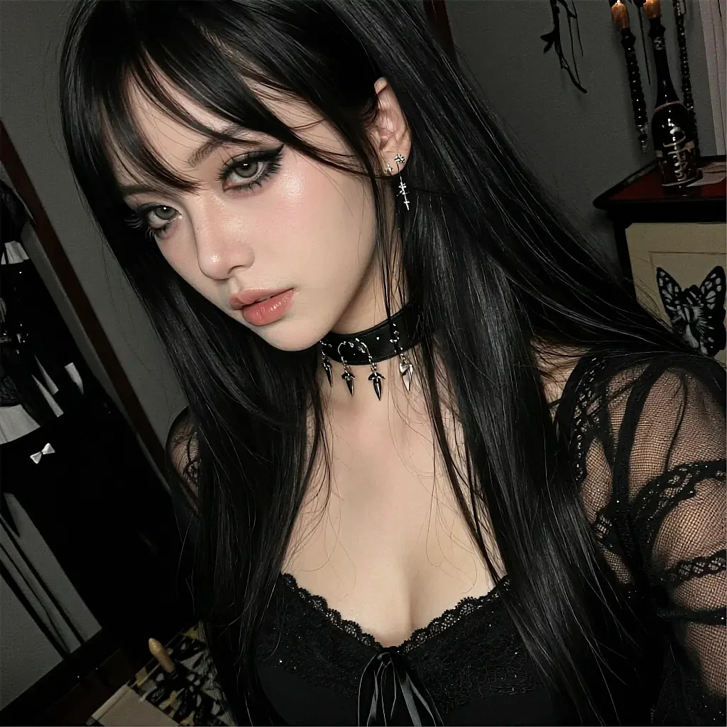 Saved preset thumbnail: AI character with a straight dark fringe and a choker in low light